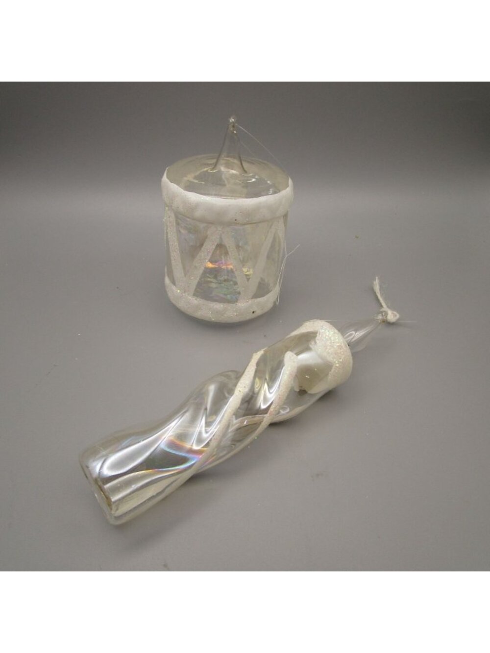Vintage Clear Glass Christmas Ornament Set White Glitter Drum & Twist Candle